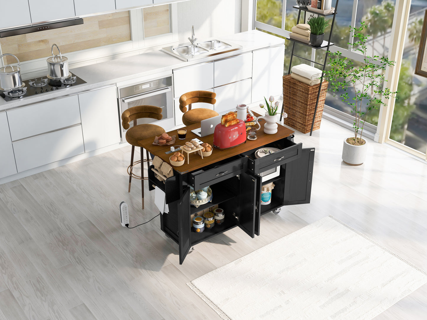 Rolling Farmhouse Kitchen Island with Power Outlet, Drop Leaf Design, Ample Storage, and Spice Rack - Black