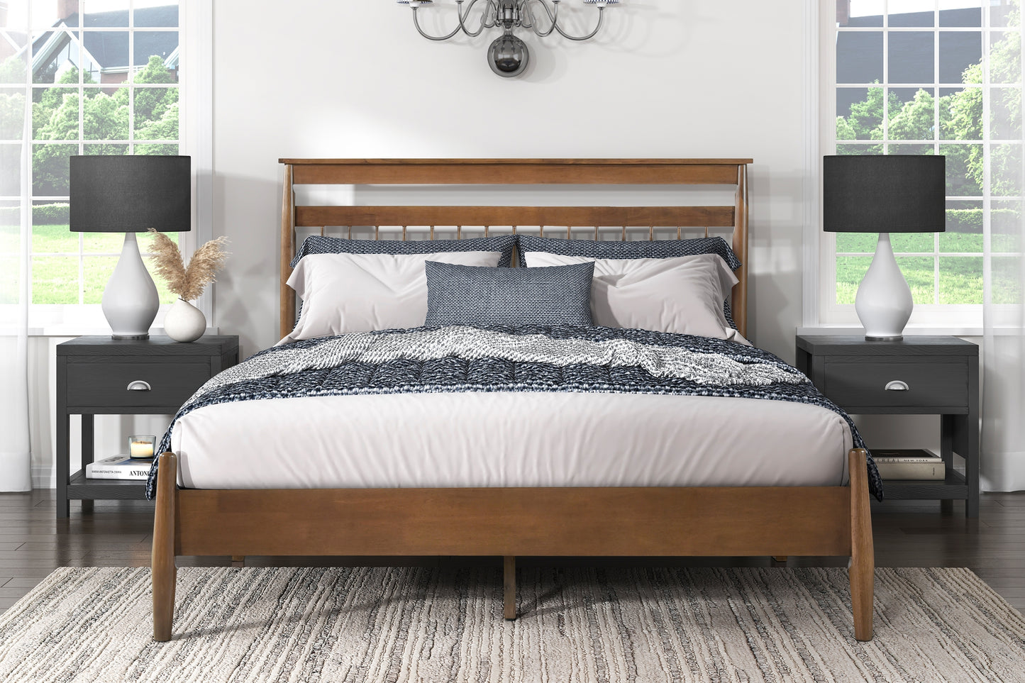 Elegant Chestnut-Finished Queen Platform Bed with Transitional Design – Bedroom Furniture in a Box