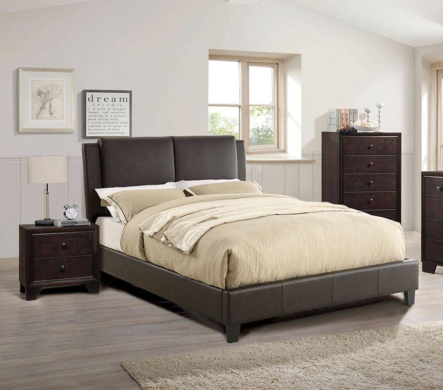 Luxurious Brown Faux Leather Queen Bed Set with Two-Panel Headboard for Modern Bedrooms
