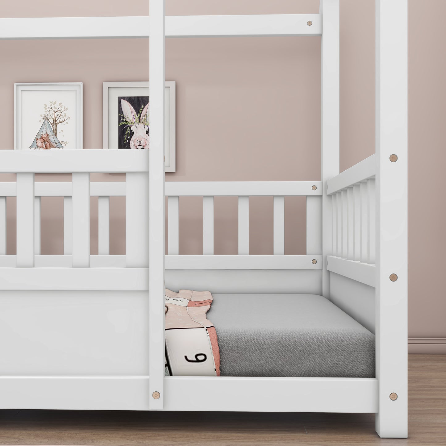 Whimsical Twin Floor Bed with House Roof and Safety Guardrails in White