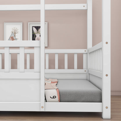 Whimsical Twin Floor Bed with House Roof and Safety Guardrails in White