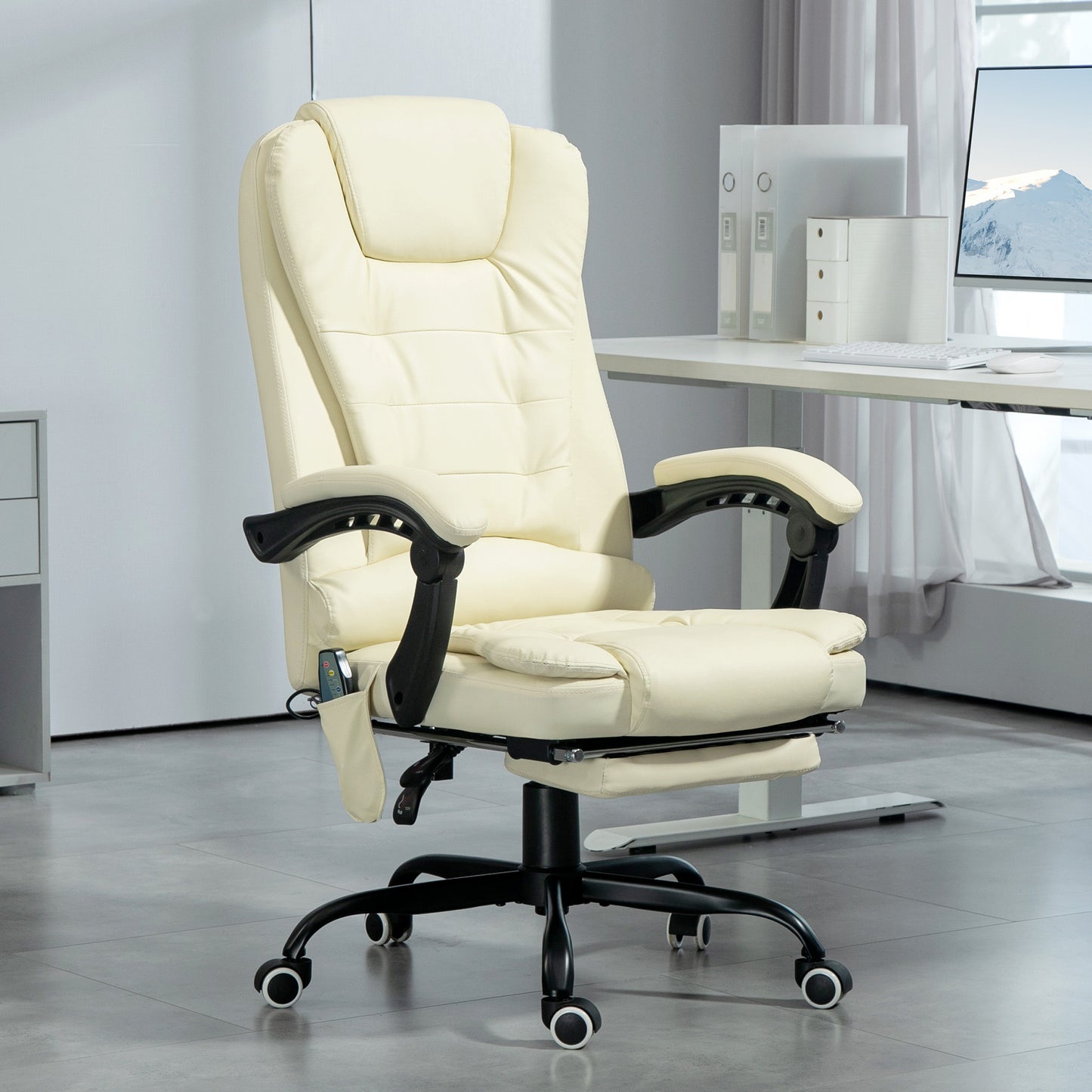 Cream White 7-Point Vibrating Massage Office Chair with Reclining Back and Footrest, Ergonomic Design for Ultimate Comfort