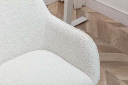 Elegant White Teddy Fabric Home Office Chair with Gold Metal Legs and 360° Swivel Function