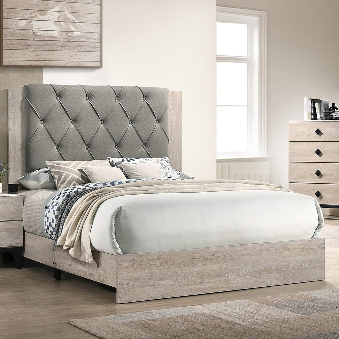 California King Bed Frame with Tufted Headboard, Rubberwood, Bedroom Furniture, 1pc Cream