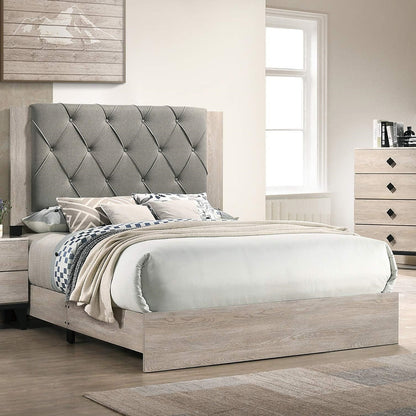 California King Bed Frame with Tufted Headboard, Rubberwood, Bedroom Furniture, 1pc Cream