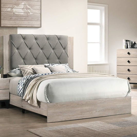 California King Bed Frame with Tufted Headboard, Rubberwood, Bedroom Furniture, 1pc Cream