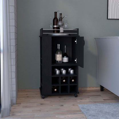 Black Bar Cart With 6 Wine Rack Compartments And Casters
