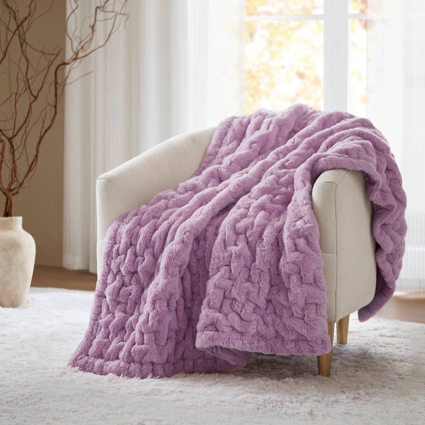 Ruched Faux Fur Throw - 50 x 60 in - Reversible Faux Mink - Polyester - Machine Washable - Purple