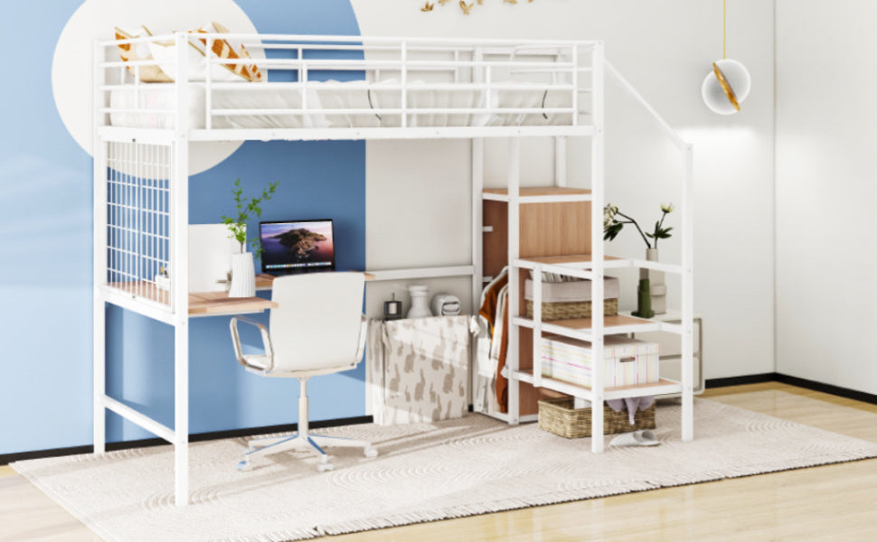 Stylish Full Size Metal Loft Bed with Integrated Desk and Storage Solutions in White