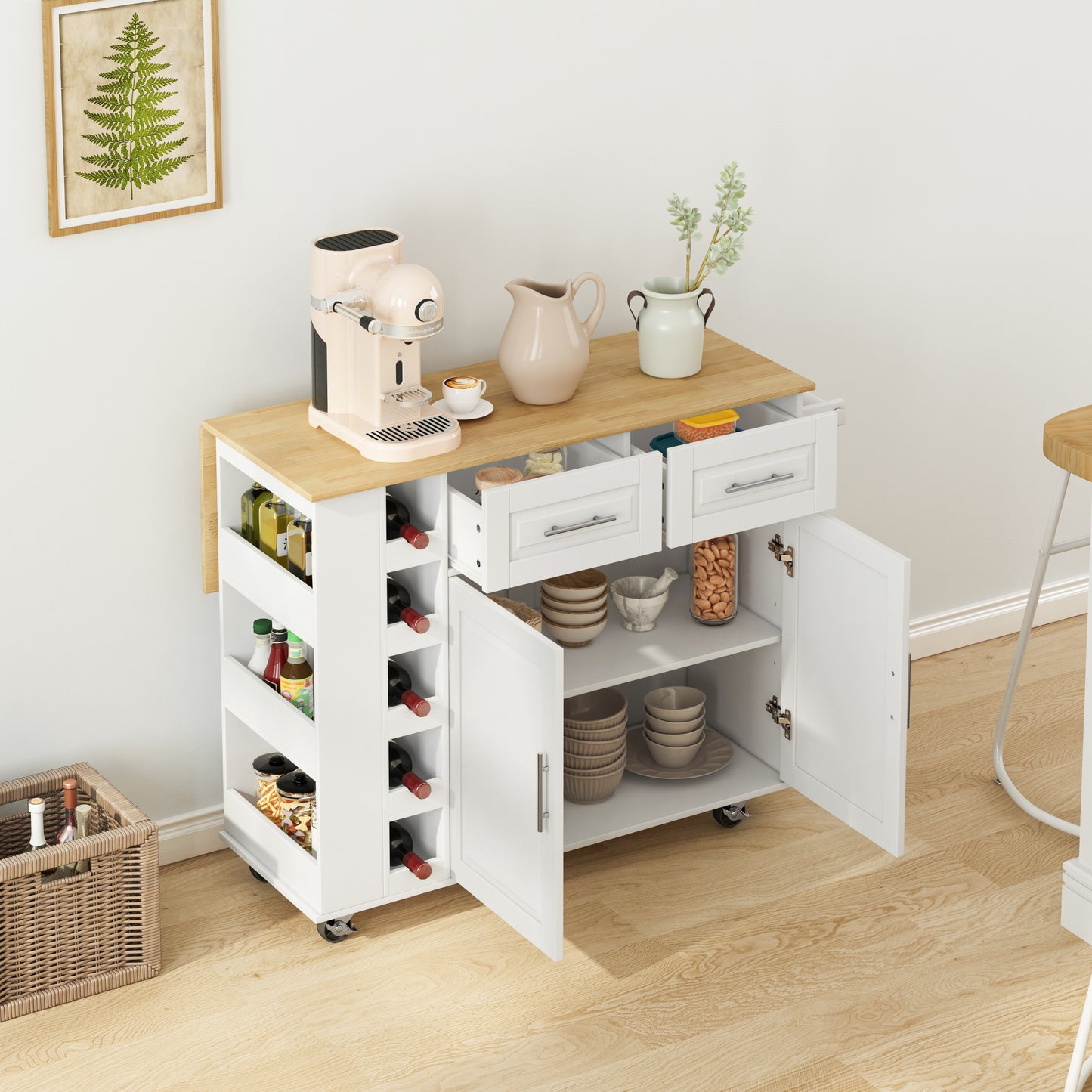 Elegant Multi-Functional Kitchen Island Cart with Storage Cabinet, Drawers, Spice Rack, Wine Rack, and Foldable Rubberwood Top (White)