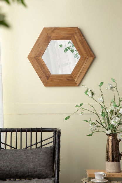 Hexagonal Teak Wood Framed Mirror - 18.5” Wall Decor for Living Room, Bathroom, or Hallway