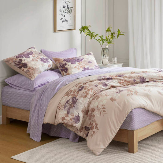 Full-Size Floral Comforter Set with Sheets, Microfiber, Print, Hypoallergenic Polyester Filling Taupe