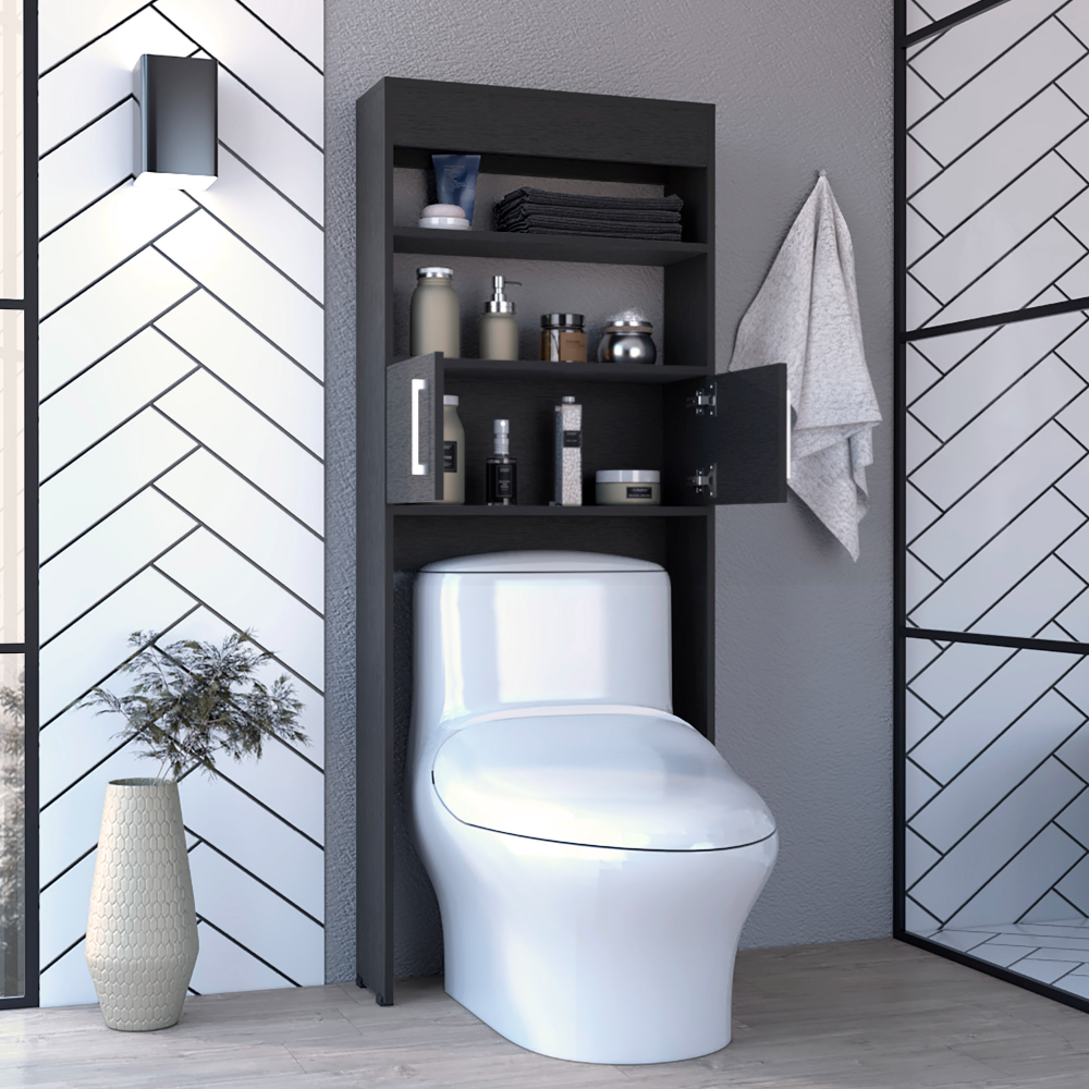 Modern Black Over-The-Toilet Storage Cabinet with Double Doors and Two Shelves, 63" Height
