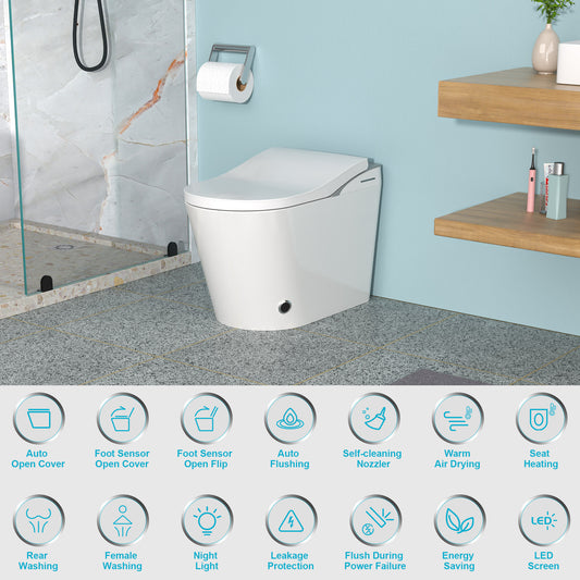 High-Tech Smart Bidet Toilet with Auto Open/Close, Heated Seat, Foot Sensor Flush, LED Control, and Night Light Features