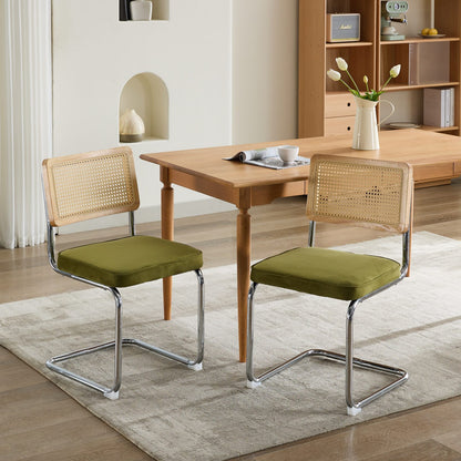 Set of 2 Velvet Dining Chairs with Rattan Back and Cantilever Chrome Base, Mid-Century Style, Olive Green