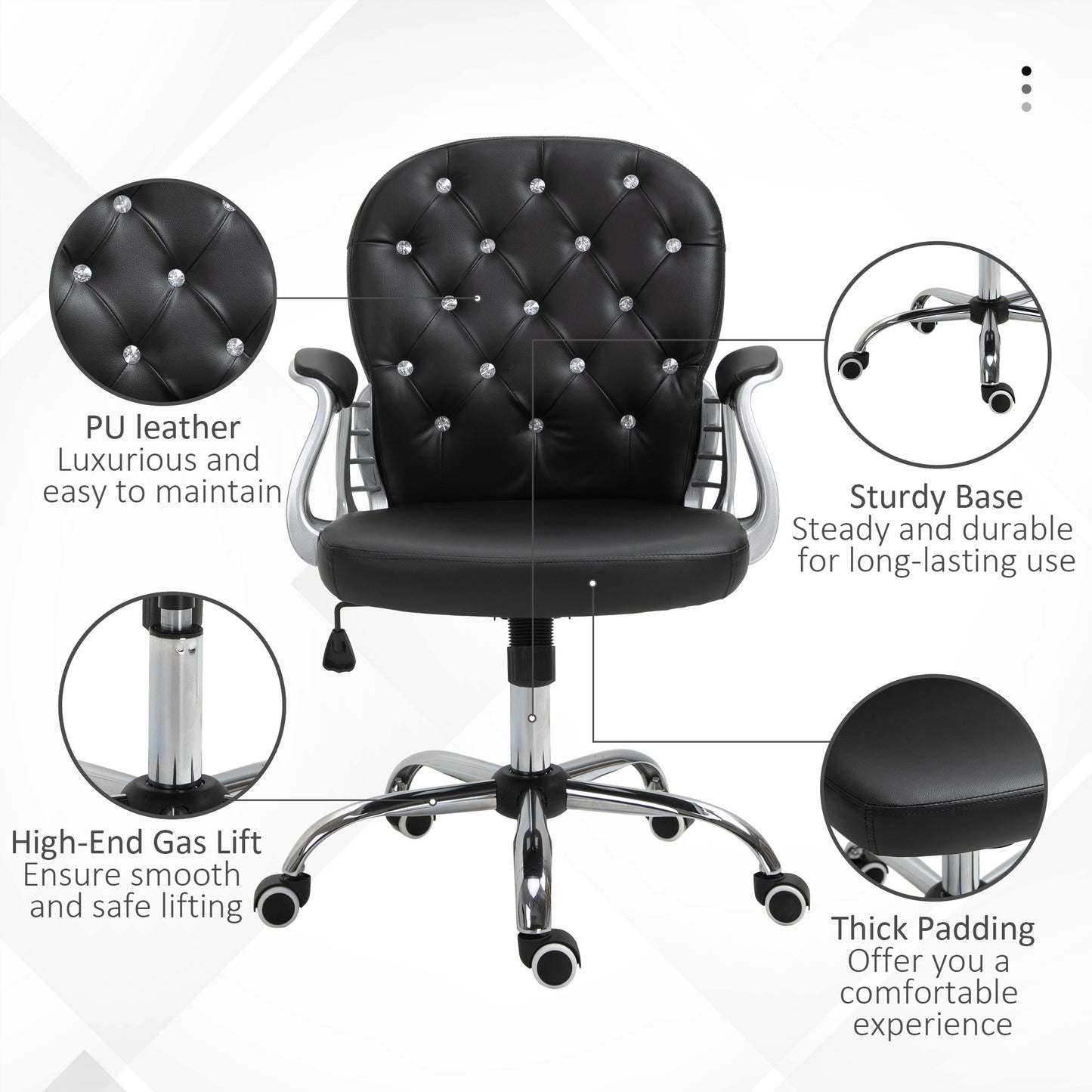 Button-Tufted Adjustable Black PU Leather Desk Chair with Padded Armrests and Swivel Wheels