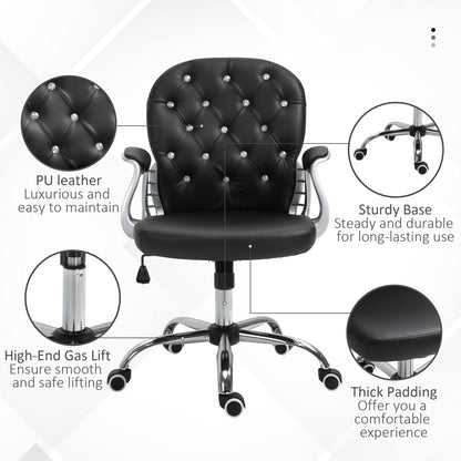 Button-Tufted Adjustable Black PU Leather Desk Chair with Padded Armrests and Swivel Wheels