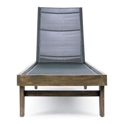 Outdoor Chaise Lounge With Acacia Wood Frame And Mesh Seating 78 Inch Length By 24 Inch Width Dark Grey