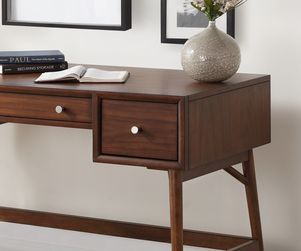 Mid-Century Modern Walnut Veneer Writing Desk with Storage Drawers and Nickel Knob Accents
