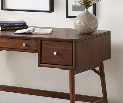 Mid-Century Modern Walnut Veneer Writing Desk with Storage Drawers and Nickel Knob Accents