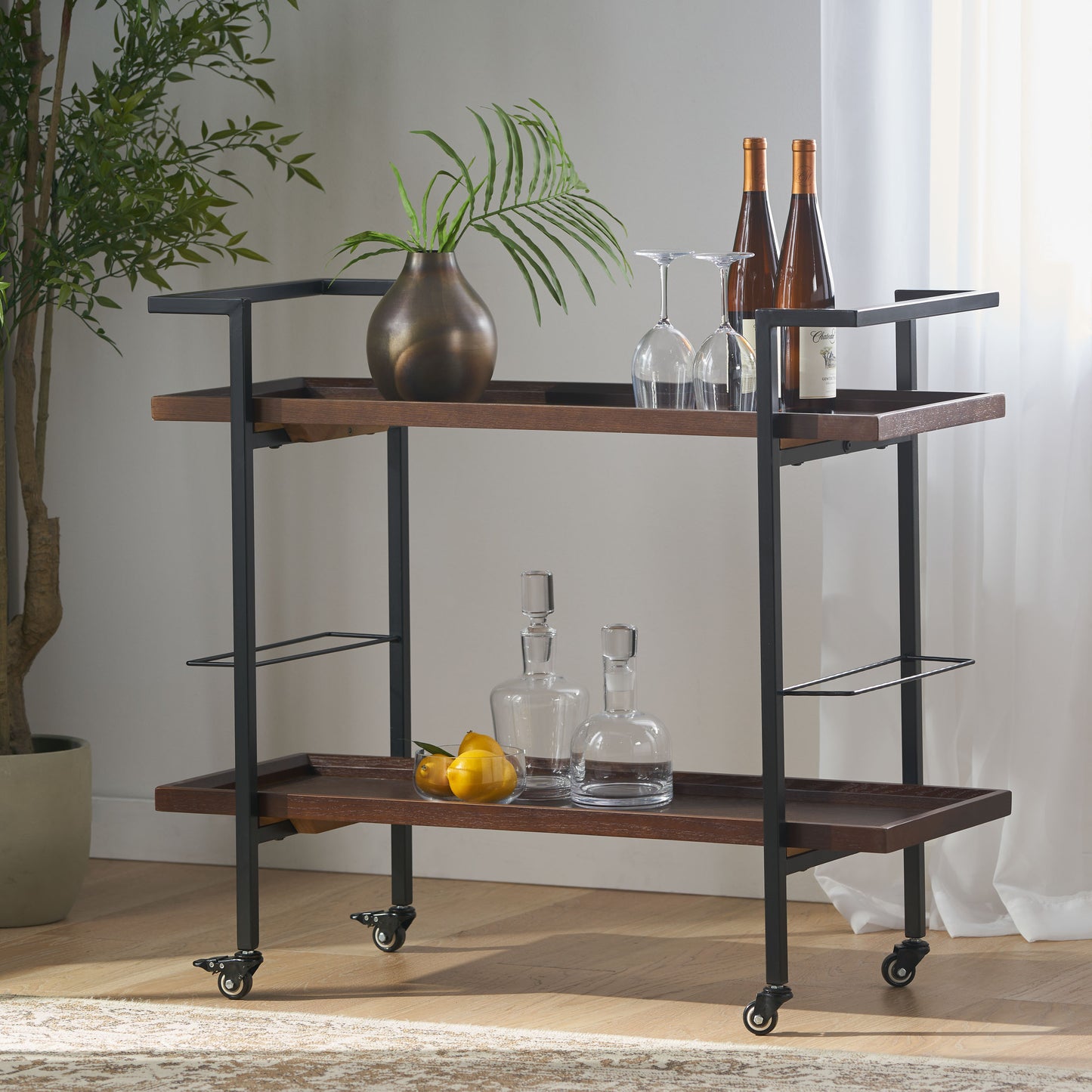 Modern Industrial Rolling Bar Cart With Wood Shelves