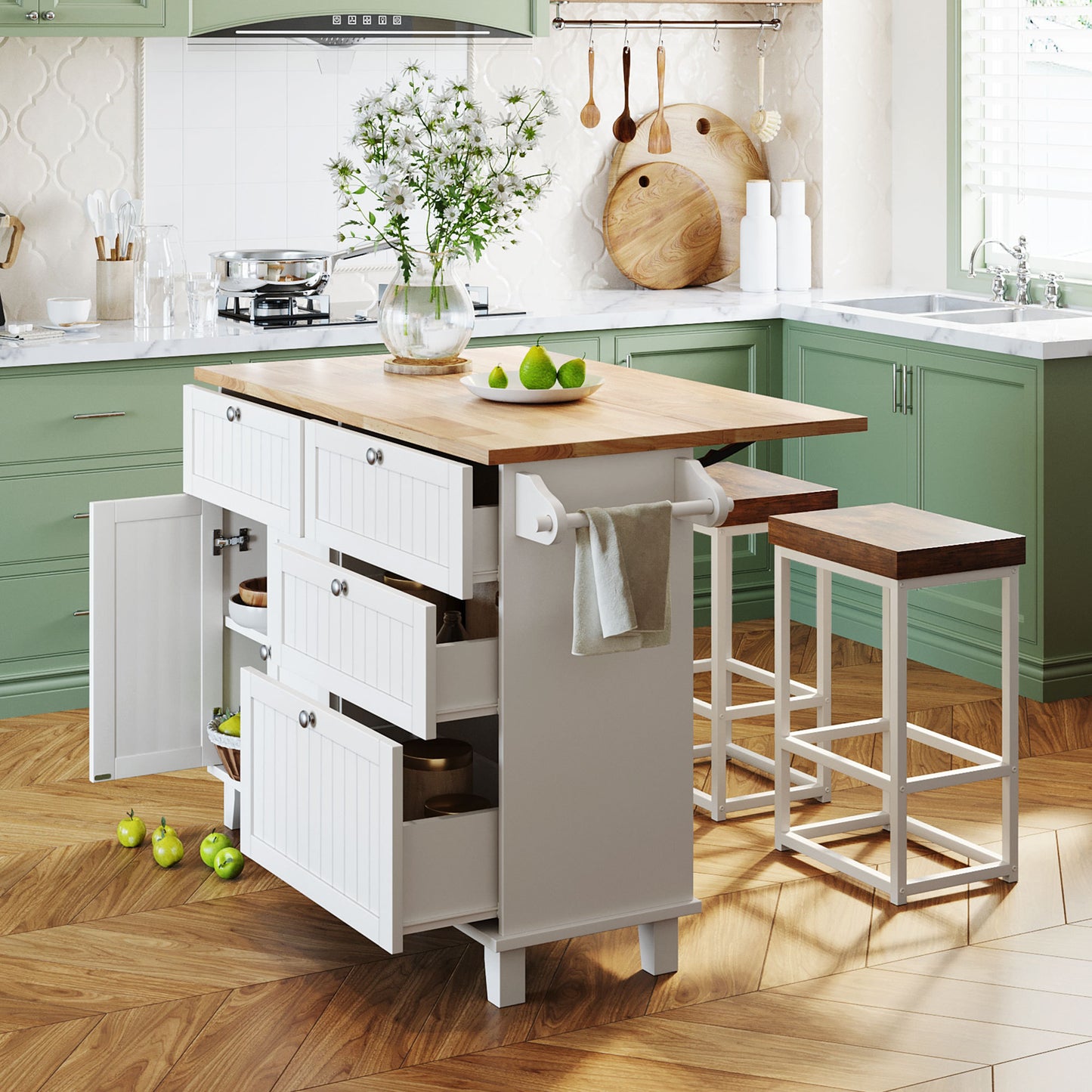 Rustic White Farmhouse Kitchen Island Set with Drop Leaf, 2 Stools, and Ample Storage