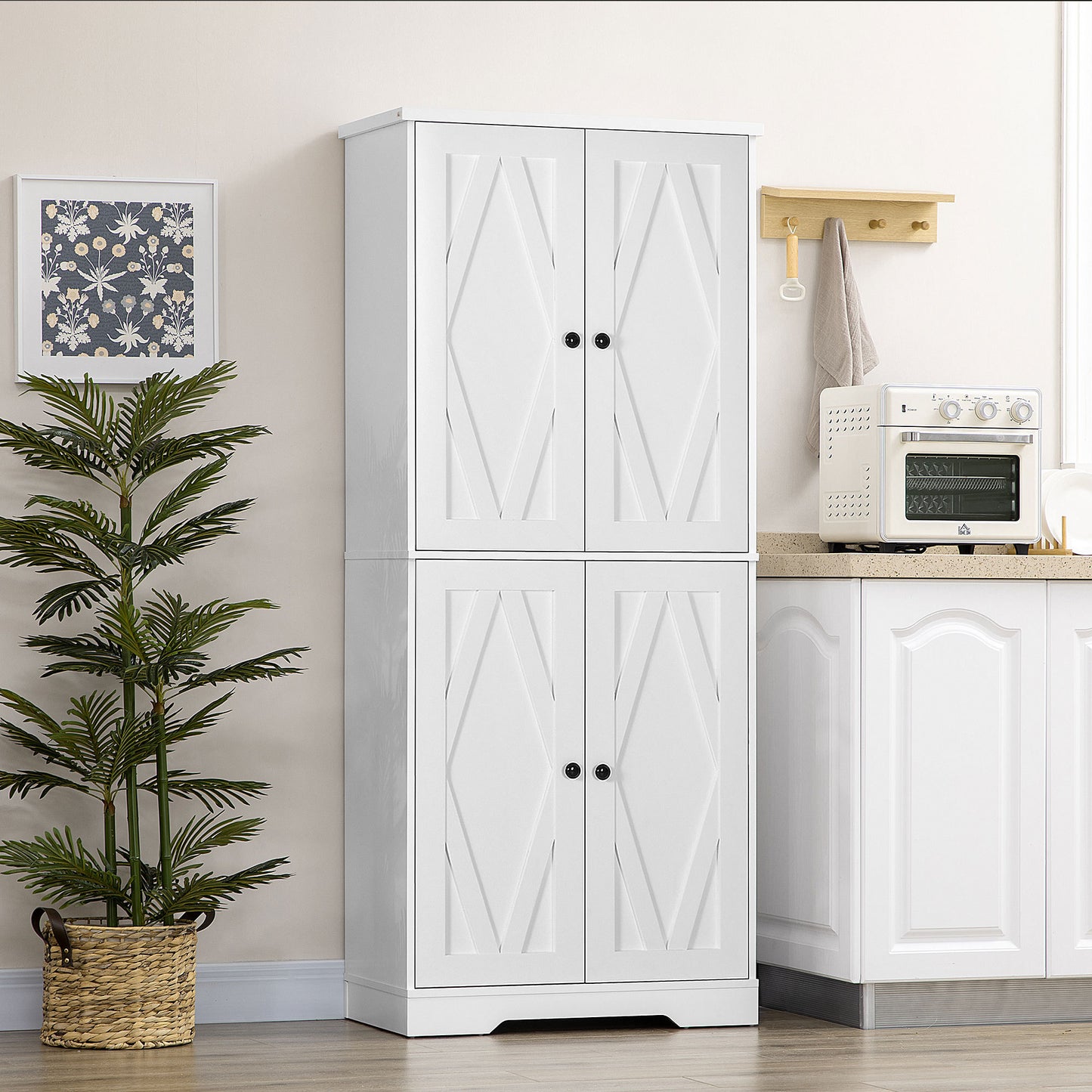 Freestanding White Farmhouse Kitchen Pantry Cabinet with Adjustable Shelves and Barn Doors
