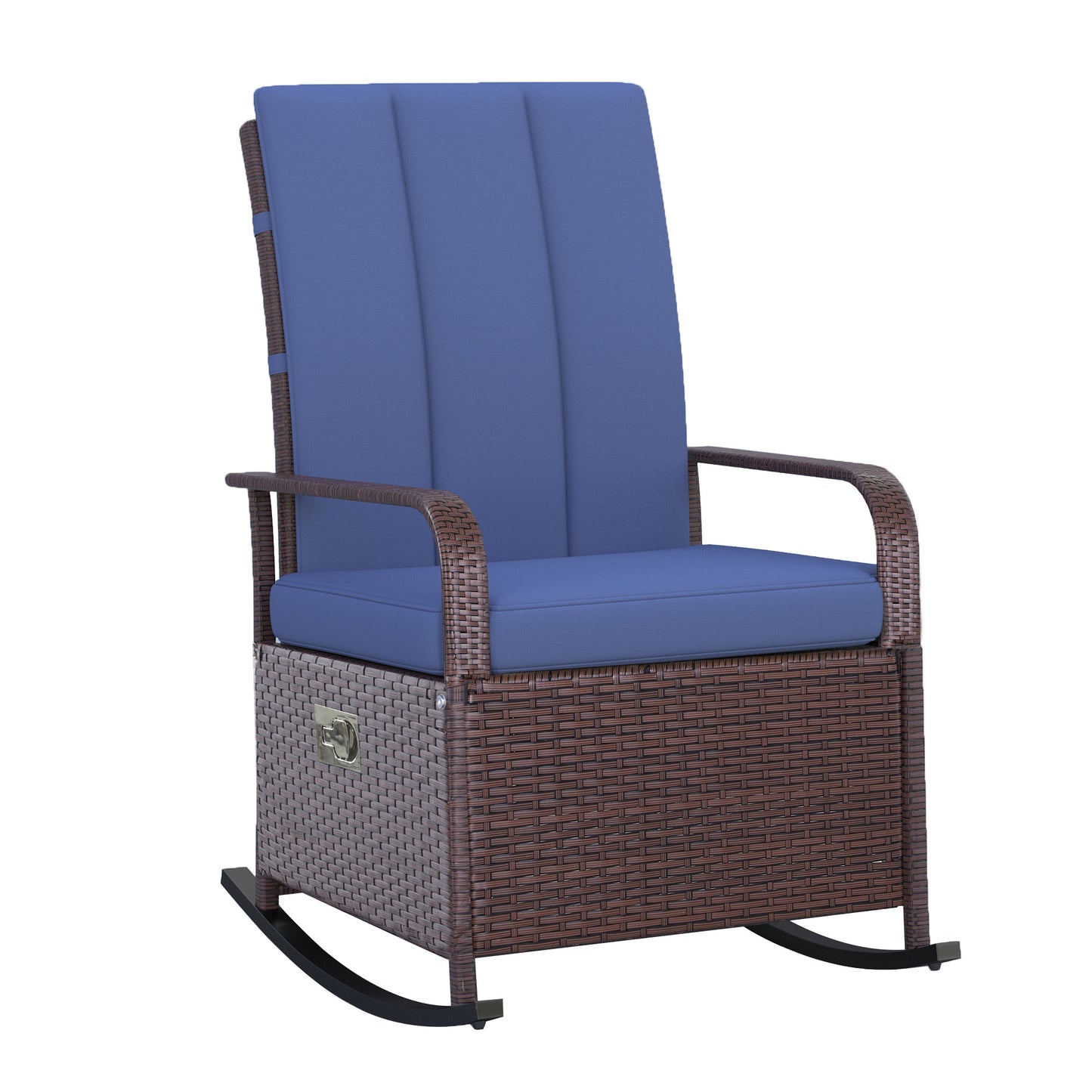 Outdoor Wicker Rocking Chair With Adjustable Backrest And Footrest For Patio Garden Porch Cushioned PE Rattan Blue