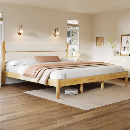 King Size Solid Wood Bed Frame with Fleece Upholstered Headboard, LVL & Rubber Wood, Ivory
