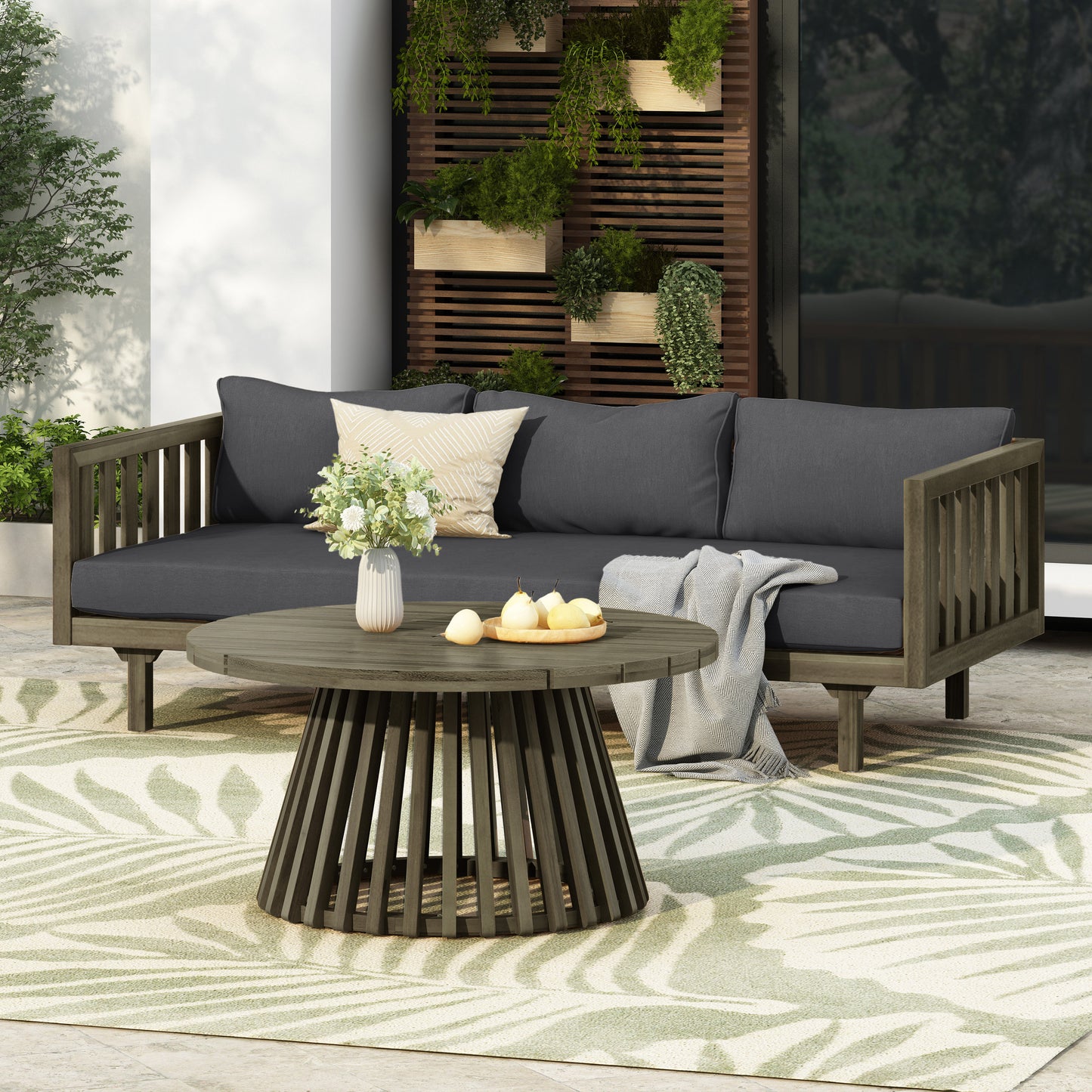 Acacia Wood Outdoor Patio Furniture Set With 3 Seater Daybed And Round Coffee Table, Waterproof Cushions Grey Finish