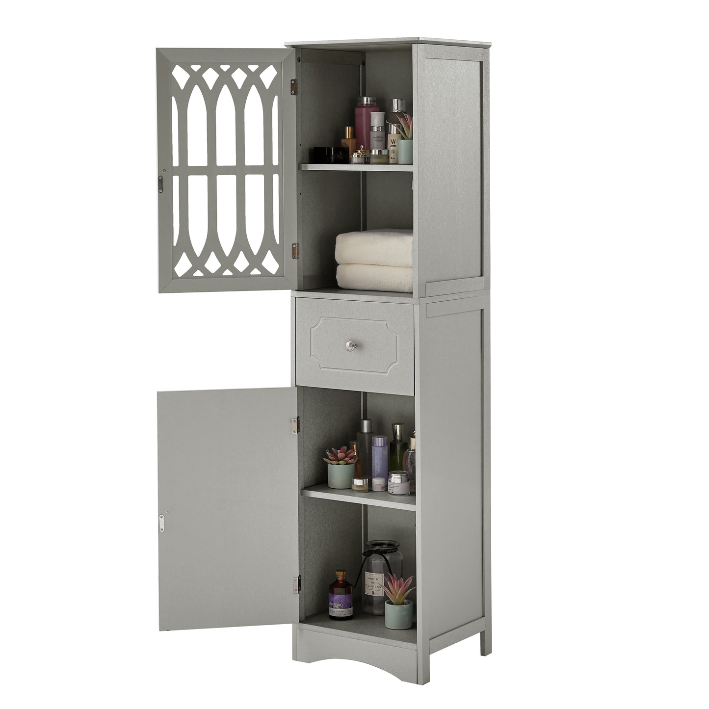 Sleek Grey Freestanding Bathroom Storage Cabinet with Adjustable Shelves and Acrylic Doors