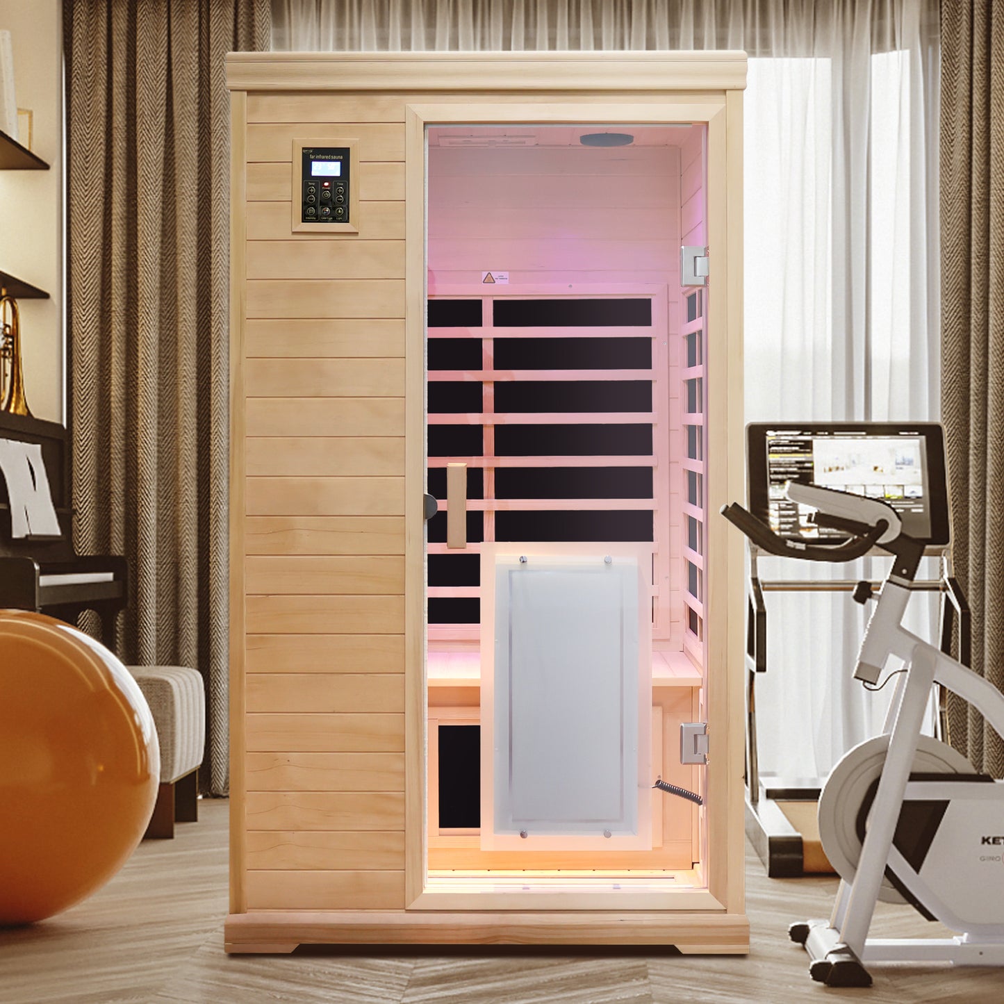 Two-Person Far-Infrared Hemlock Indoor Sauna with 9 Heating Panels, LCD Touch, Bluetooth, 1750W - Natural