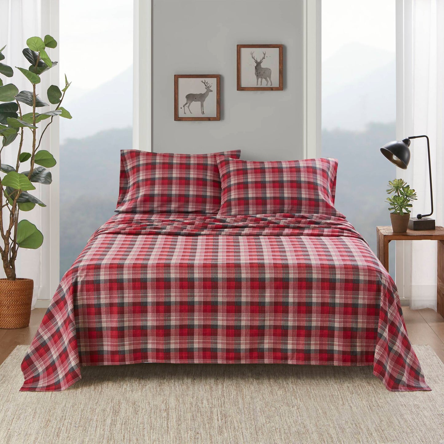 3-Piece Twin Flannel Sheet Set, 100% Cotton, Brushed Sides, Fitted Up to 12in Deep, Red Plaid