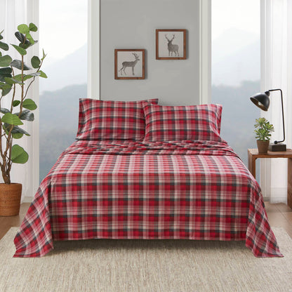 3-Piece Twin Flannel Sheet Set, 100% Cotton, Brushed Sides, Fitted Up to 12in Deep, Red Plaid