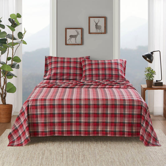 3-Piece Twin Flannel Sheet Set, 100% Cotton, Brushed Sides, Fitted Up to 12in Deep, Red Plaid