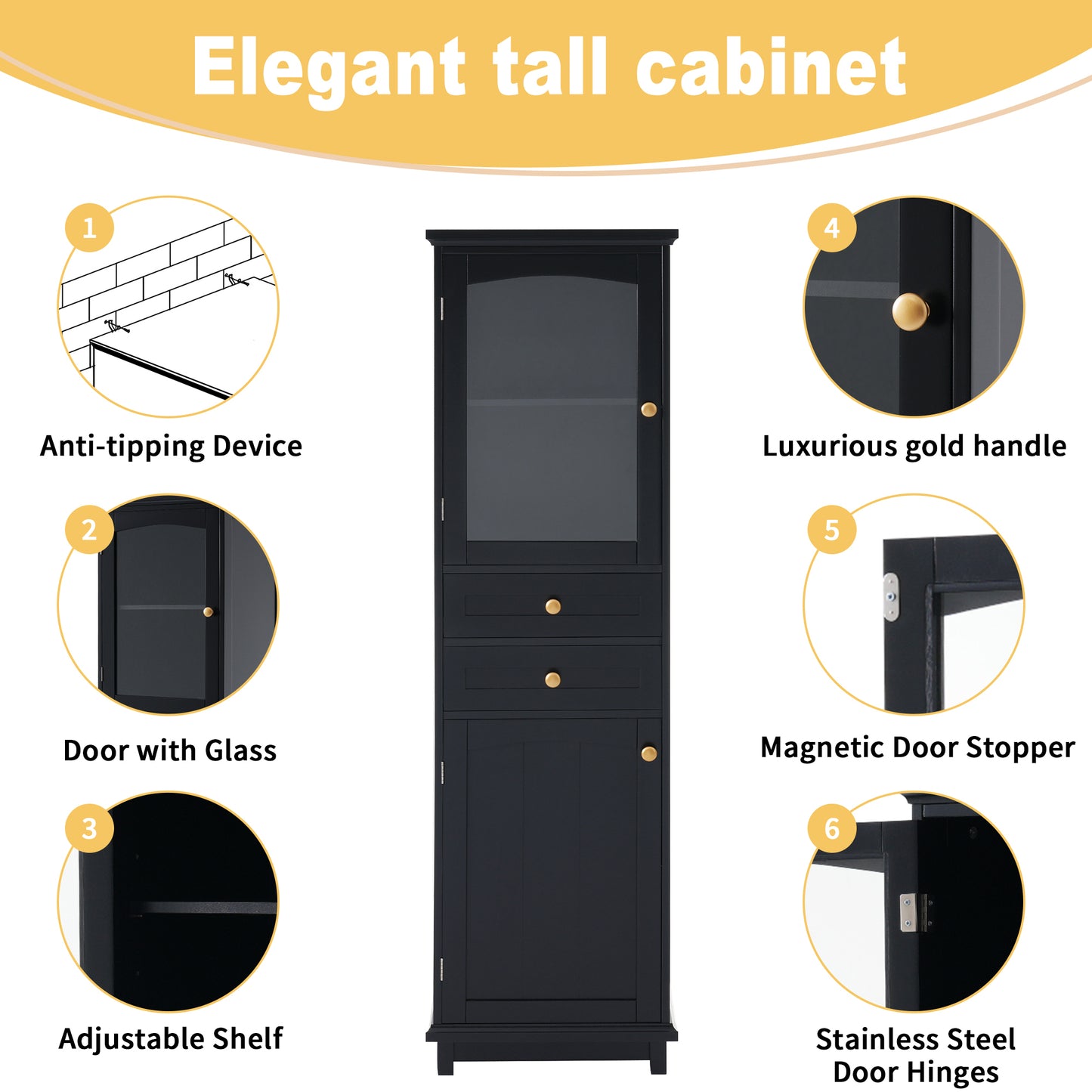 63" Tall Bathroom Storage Cabinet with Glass Doors, Free-Standing, Two Drawers, and Adjustable Shelves, MDF Board, Painted Black - Perfect for Displaying Your Favorite Items