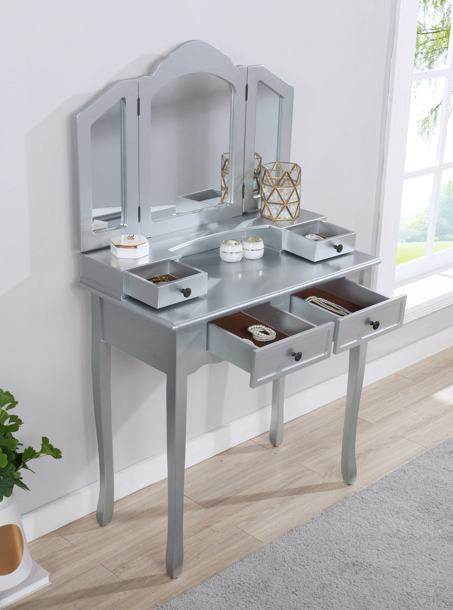 Wooden Vanity Makeup Table and Stool Set for Bedroom, Classic Dressing Table, Silver