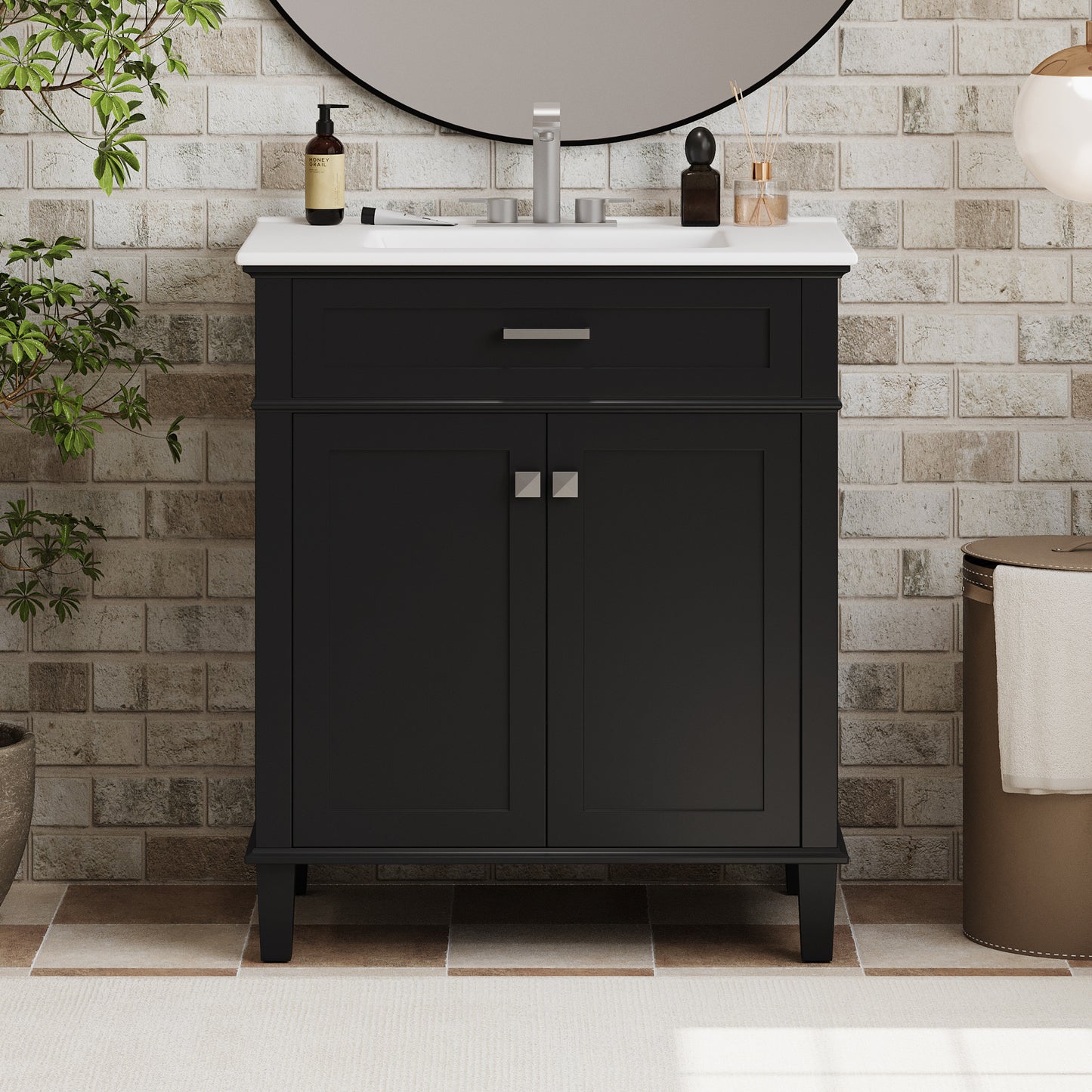 30-Inch Black Bathroom Vanity with Ceramic Sink, Soft-Close Doors, and Adjustable Storage Shelves
