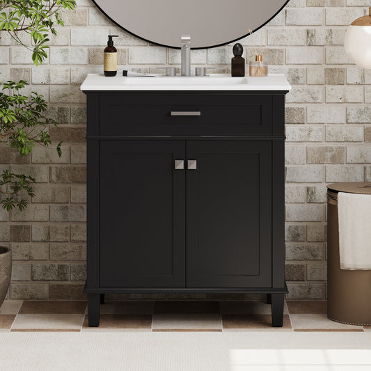30-Inch Black Bathroom Vanity with Ceramic Sink, Soft-Close Doors, and Adjustable Storage Shelves
