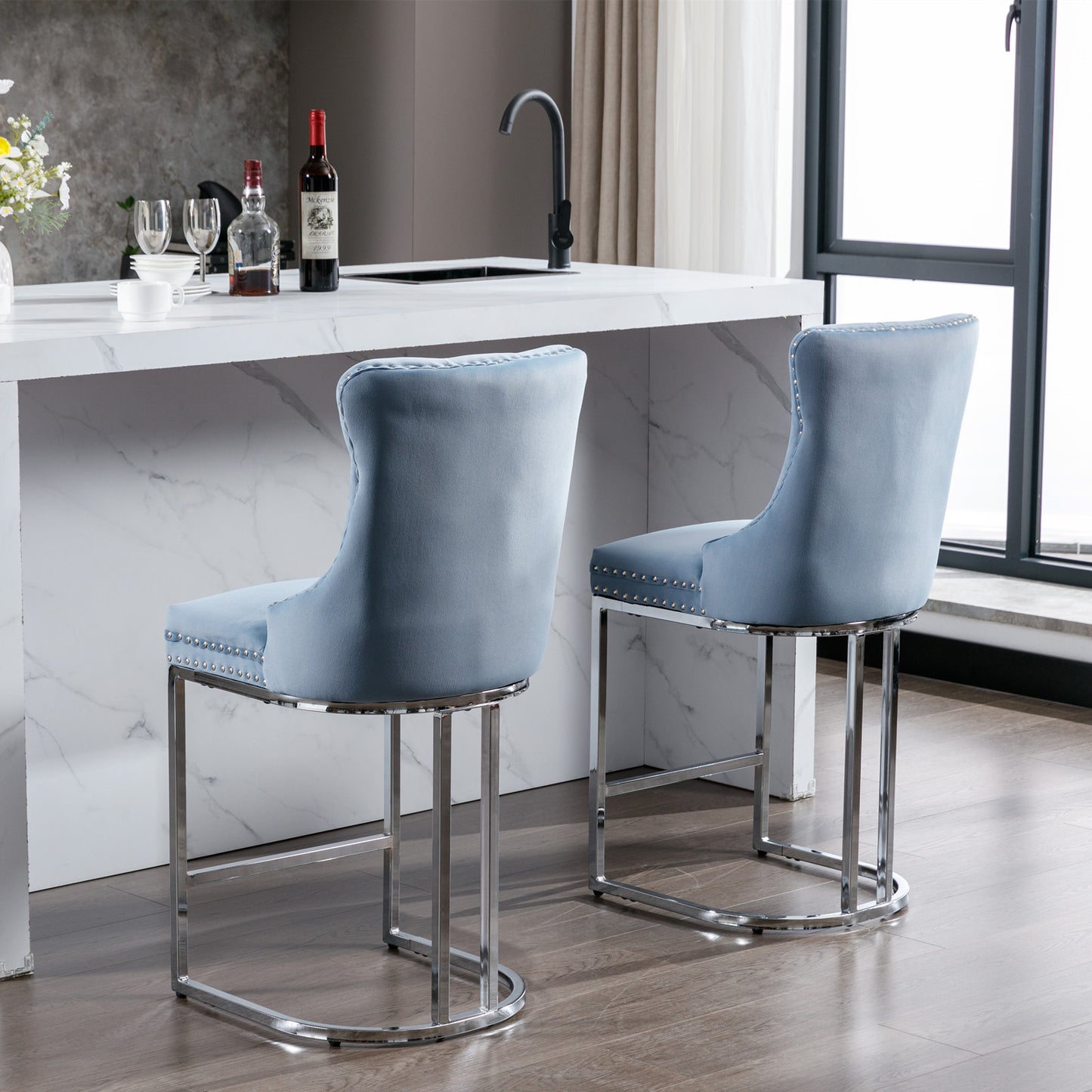 26 Inch Counter Height Bar Stools Set 2 Light Blue Velvet