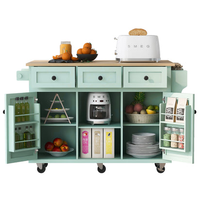 Mint Green Kitchen Island Cart with Drop-Leaf Rubberwood Top, Storage Cabinet, and 3 Drawers on Wheels