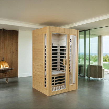 Two-Person Far Infrared Indoor Sauna Room with 1500W, 5 Heating Panels, LCD, Bluetooth Natural Wood