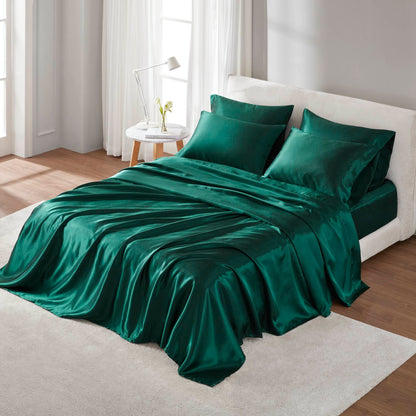 Full Satin Luxury Sheet Set, 100% Polyester Satin, Includes Flat & Fitted (16in Deep) Pillowcases Emerald