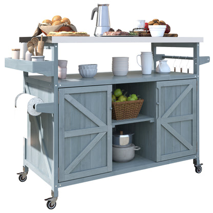Rolling Outdoor Kitchen Island with Stainless Steel Top, Grey Blue Fir Wood Bar Cart & Storage Cabinet for BBQ and Garden Parties