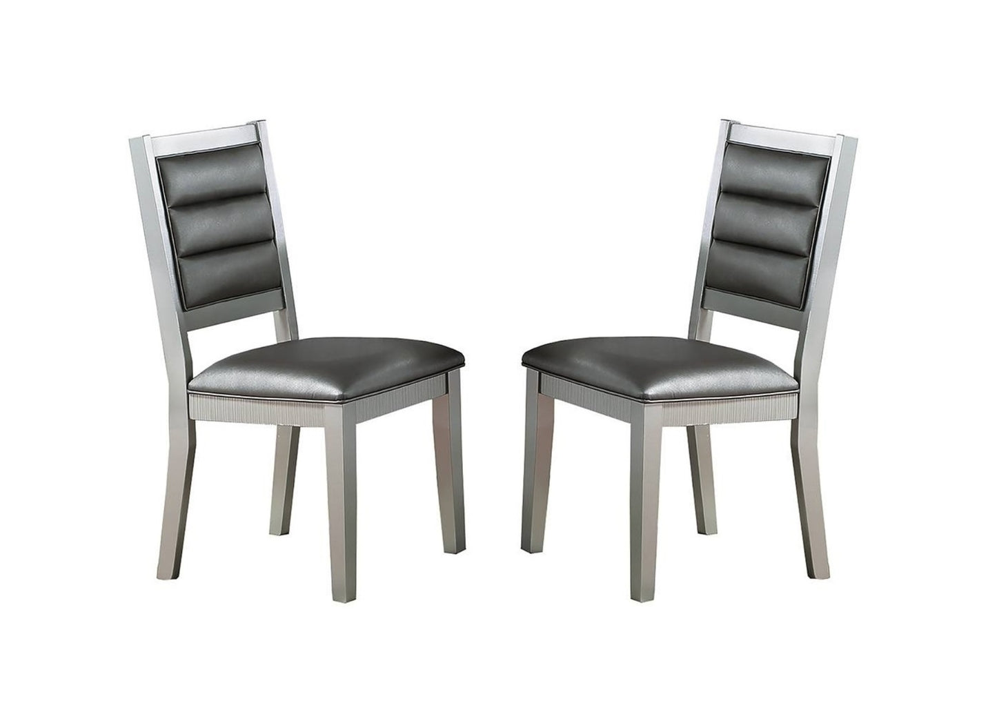 Set of 2 Faux Leather Dining Chairs, Cushioned Seats, Tufted Back, Rubberwood Frame, 18x23x39 in Silver
