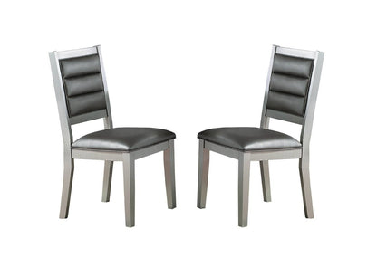 Set of 2 Faux Leather Dining Chairs, Cushioned Seats, Tufted Back, Rubberwood Frame, 18x23x39 in Silver