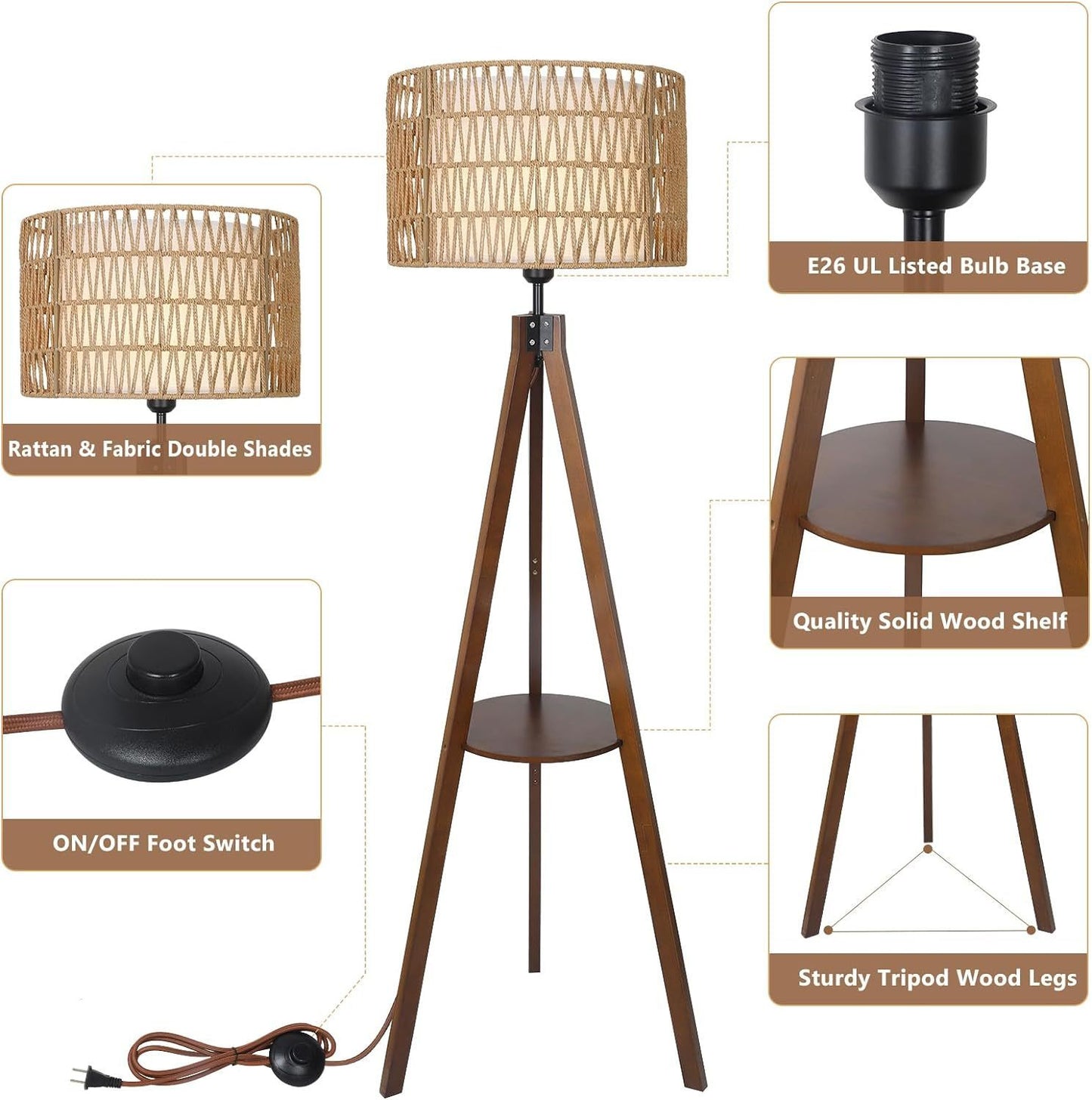 59-Inch Tripod Floor Lamp with Shelves, Wood Mid-Century Lamp with Rattan & Fabric Shades, On/Off Foot Switch, Brown
