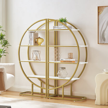 Modern 4-Tier Round Open Bookshelf with Gold Metal Frame and Adjustable Placement Options