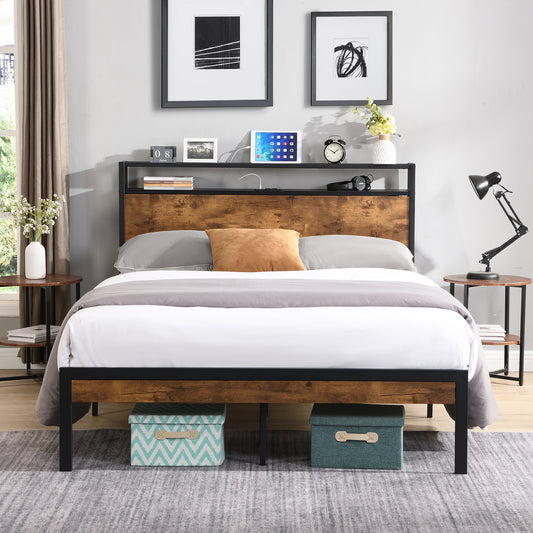 Elegant Queen Size Metal Platform Bed Frame with Wooden Accents, USB Charging, No Box Spring Needed, Spacious Under-Bed Storage, Quick Assembly