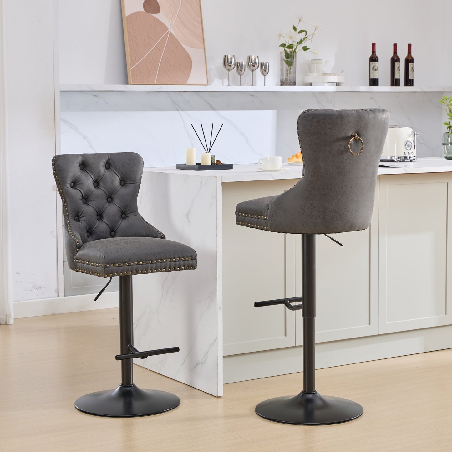 Tufted Back Swivel Bar Stools, PU Upholstery, Set of 2, Counter Height, for Home Bar, Aged Finish